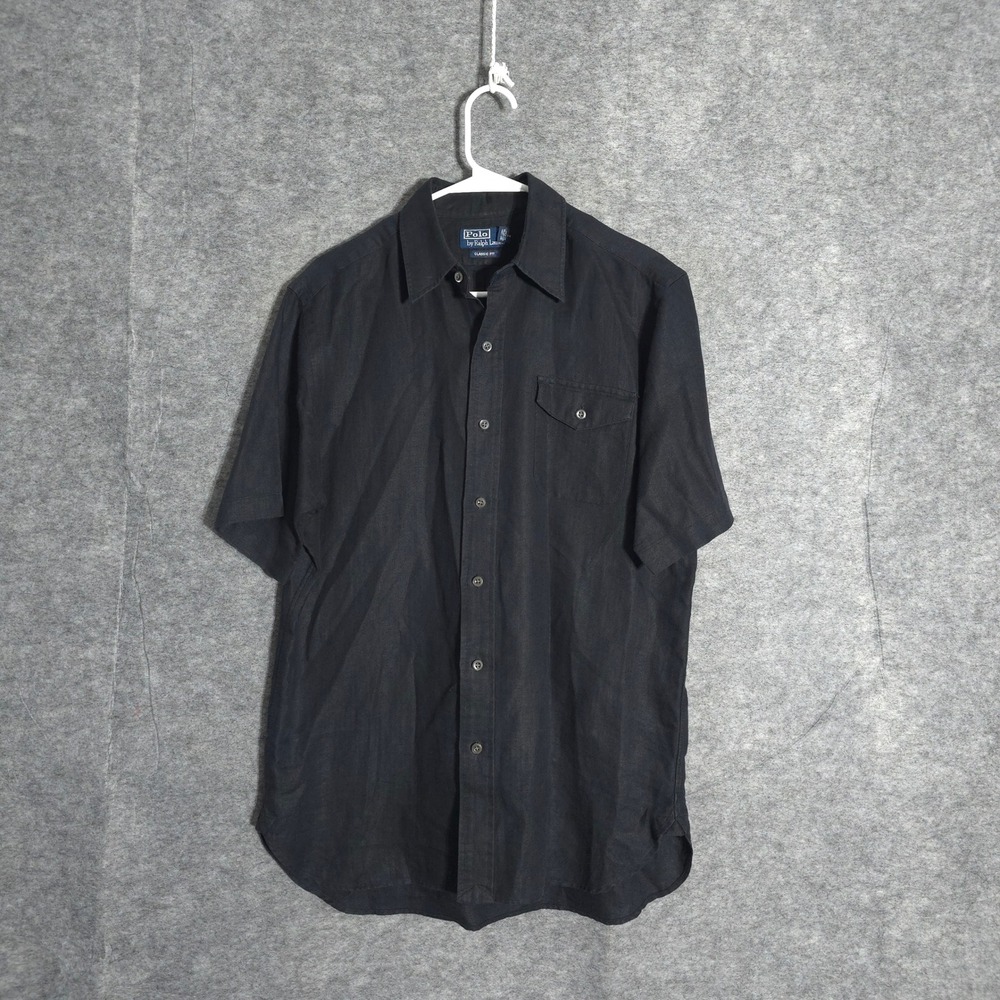 Polo Ralph Lauren Shirt Mens M Navy Linen Blend Herringbone Short Sleeve Classic